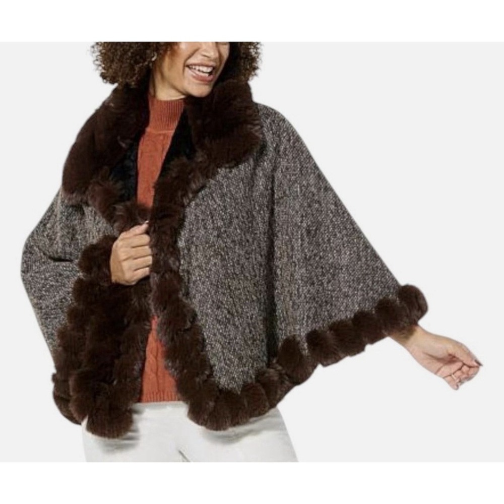 NWT Vince Camuto Faux Fur Trim Cape Shawl Capelet Penny Lane Tweed One Size - Picture 13 of 13